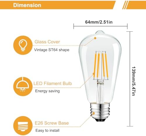 Vintage Edison LED Bulbs E26 - |5W, 30W Equivalent, 250 Lumens, Warm White, Non Dimmable, ST64 Antique Filament, 120V, 3