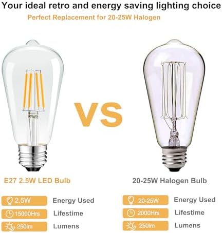 Vintage Edison LED Bulbs E26 - |5W, 30W Equivalent, 250 Lumens, Warm White, Non Dimmable, ST64 Antique Filament, 120V, 3