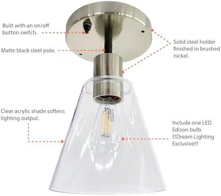 Dream Lighting 12V LED Dinette Ceiling Light for RV – Brushed Nickel Interior Fixture with Switch, Acrylic Shade, 3W, 15