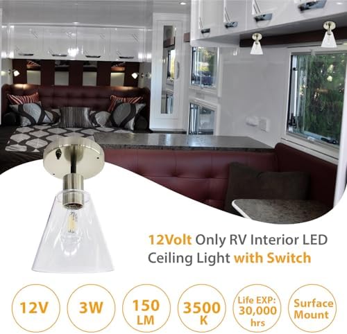 Dream Lighting 12V LED Dinette Ceiling Light for RV – Brushed Nickel Interior Fixture with Switch, Acrylic Shade, 3W, 15