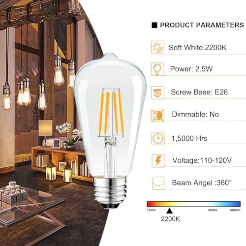 Vintage Edison LED Bulbs E26 - |5W, 30W Equivalent, 250 Lumens, Warm White, Non Dimmable, ST64 Antique Filament, 120V, 3